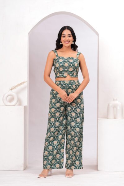 Women Teal Floral Printed Sleeveless Cotton Co-Ord Set