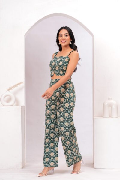Women Teal Floral Printed Sleeveless Cotton Co-Ord Set