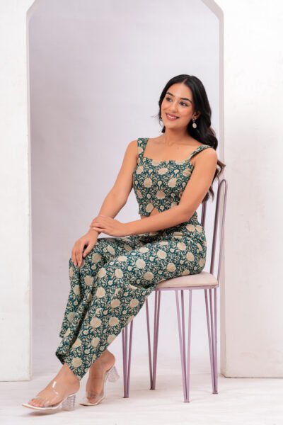 Women Teal Floral Printed Sleeveless Cotton Co-Ord Set