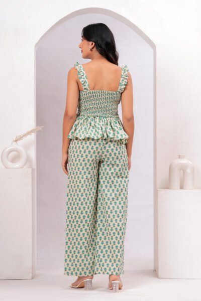Women Cream & Mint Green Ethnic Motif Printed Smocked Cotton Co-Ord Set
