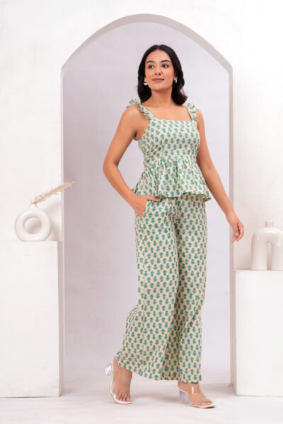 Women Cream & Mint Green Ethnic Motif Printed Smocked Cotton Co-Ord Set