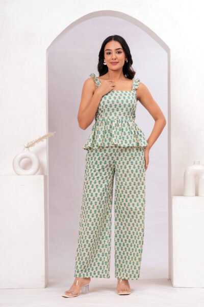 Women Cream & Mint Green Ethnic Motif Printed Smocked Cotton Co-Ord Set