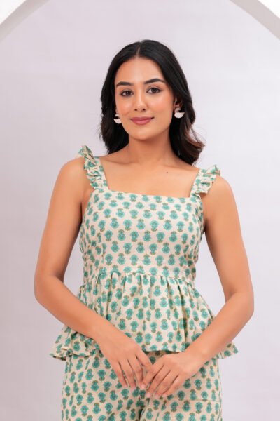 Women Cream & Mint Green Ethnic Motif Printed Smocked Cotton Co-Ord Set