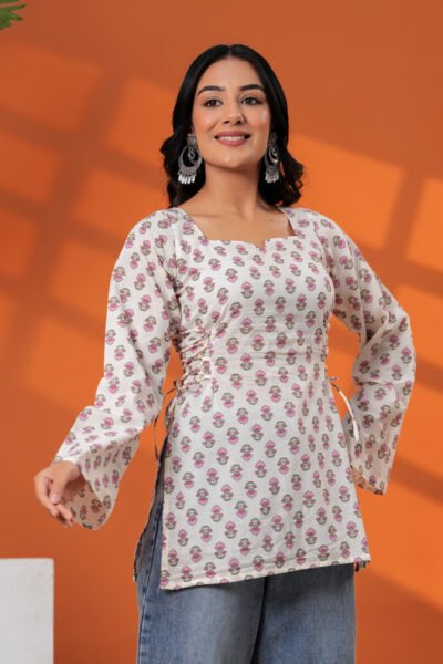 Cream Floral Printed Sweetheart Neck Full Sleeve Cotton Short Kurti