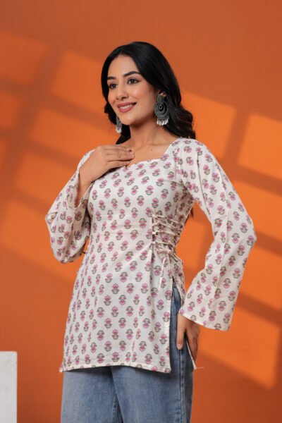 Cream Floral Printed Sweetheart Neck Full Sleeve Cotton Short Kurti
