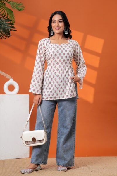 Cream Floral Printed Sweetheart Neck Full Sleeve Cotton Short Kurti
