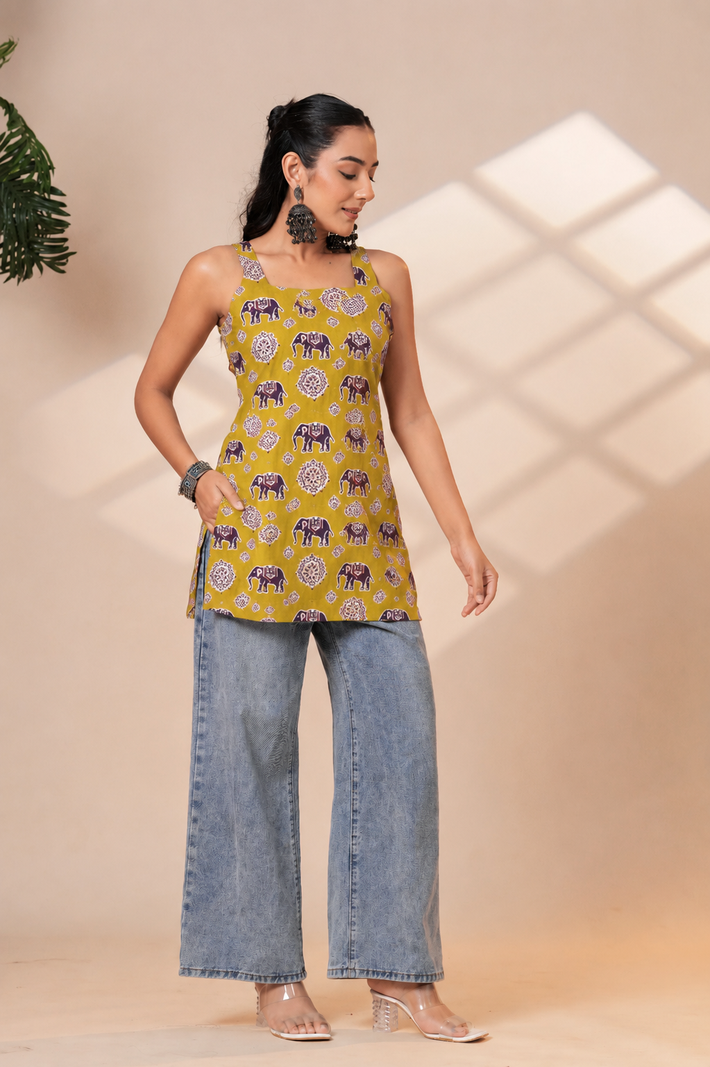 Mustard Ethnic Elephant Printed Cotton Sleeveless Straight Kurti - Image 5