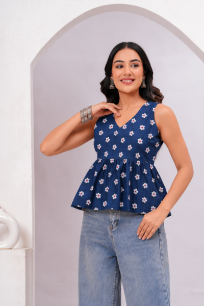 Bolbo Navy Blue Floral Printed Cotton Peplum Top