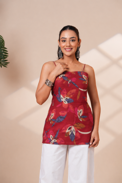 Women Rust Red Printed Shoulder Strap Cotton Short Kurti