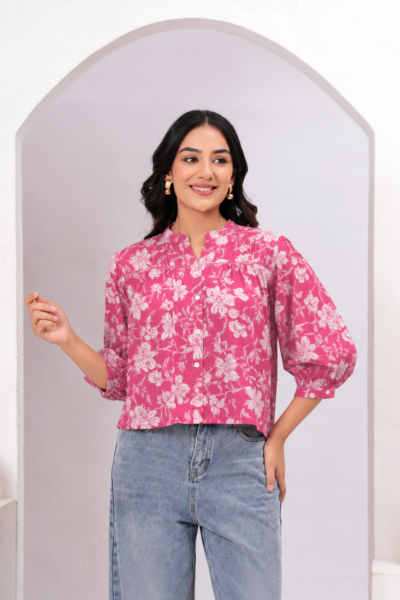 BOLBO Women Pink Floral Printed Mandarin Collar Cotton Shirt Style Top