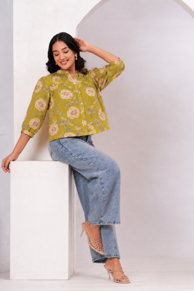 Women Mustard Yellow Floral Printed Mandarin Collar Cotton Shirt Style Top