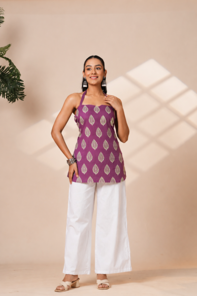 Purple Ethnic Printed Cotton Halter Neck Straight Kurti