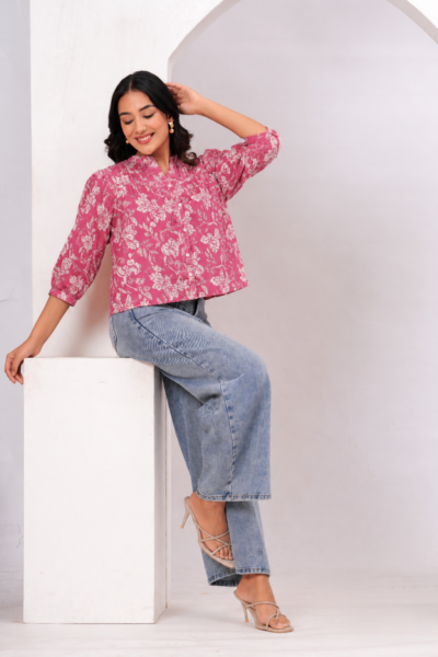 BOLBO Women Pink Floral Printed Mandarin Collar Cotton Shirt Style Top