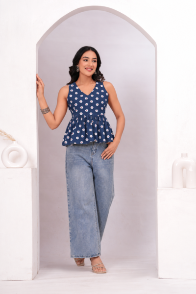 Bolbo Navy Blue Floral Printed Cotton Peplum Top