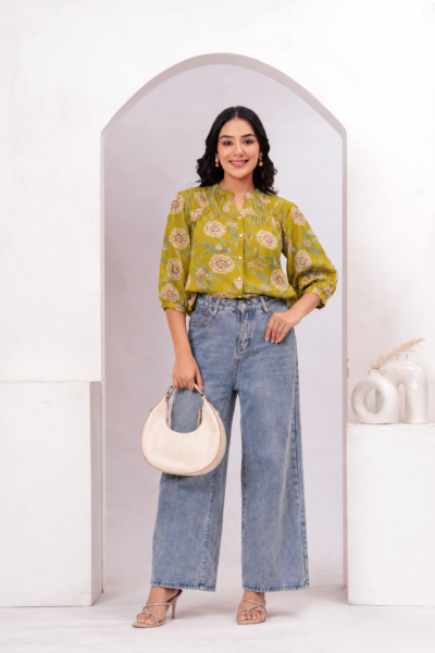 Women Mustard Yellow Floral Printed Mandarin Collar Cotton Shirt Style Top