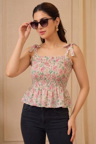 Floral Tie-Up Smocked Cotton Short Kurti