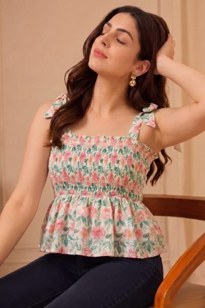 Floral Tie-Up Smocked Cotton Short Kurti