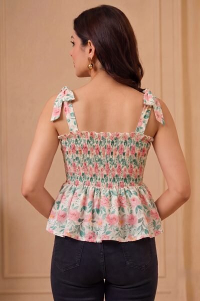 Floral Tie-Up Smocked Cotton Short Kurti