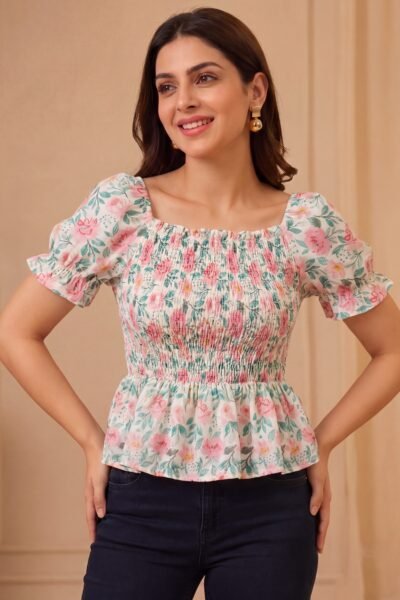 Floral Smocked Peplum Cotton Short Kurti