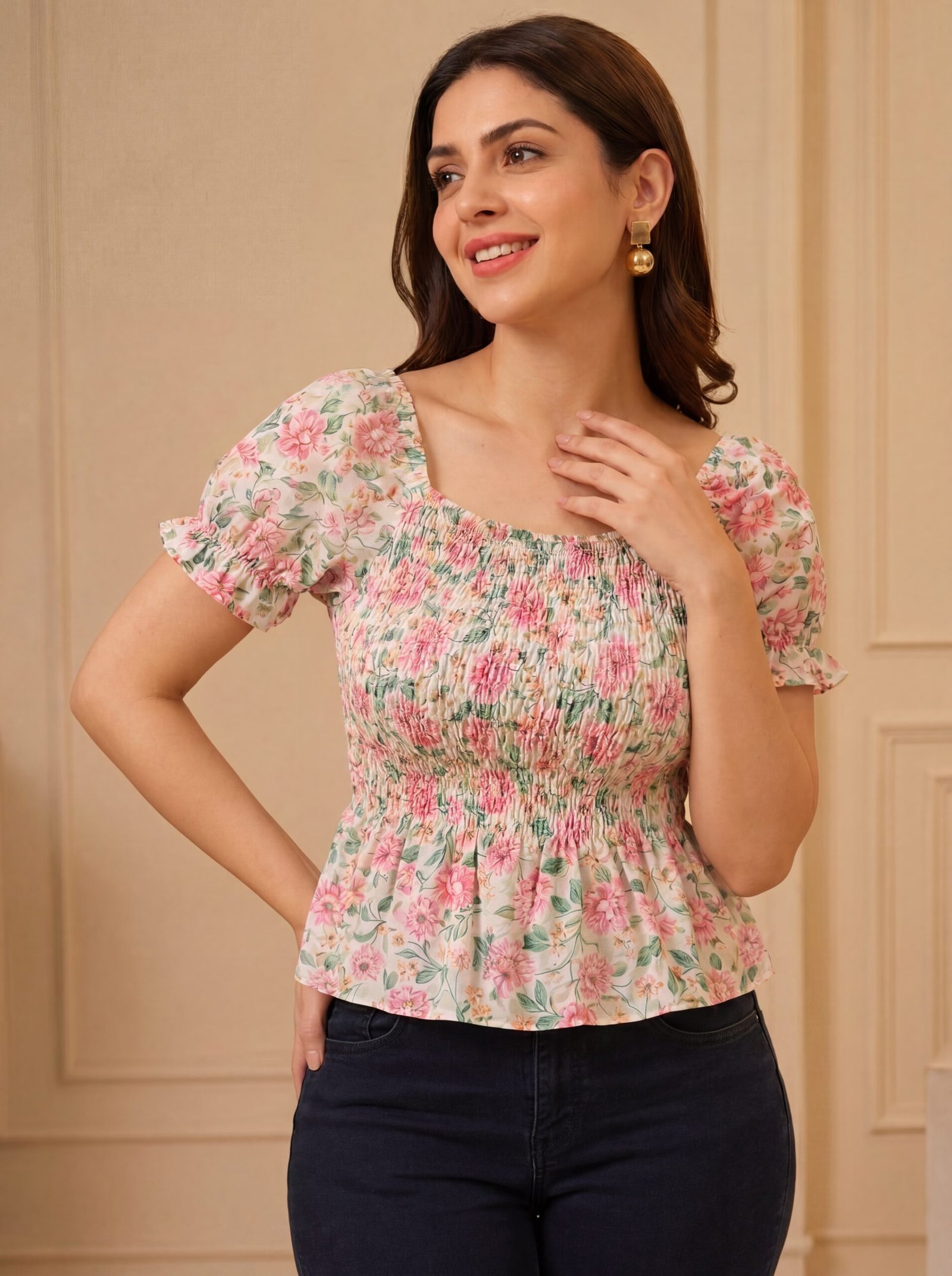 Floral Smocked Peplum Cotton Short Kurti - Image 6