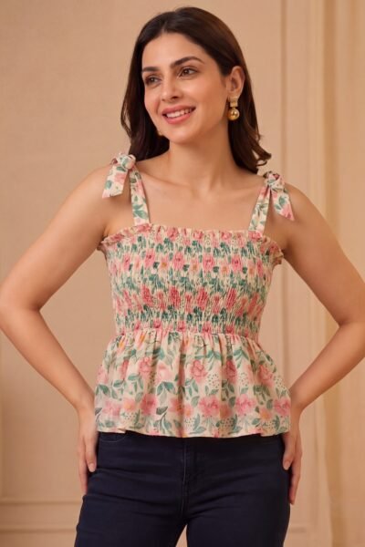 Floral Tie-Up Smocked Cotton Short Kurti