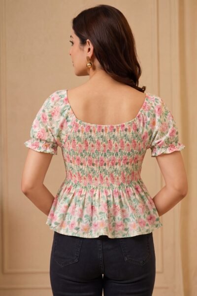 Floral Smocked Peplum Cotton Short Kurti