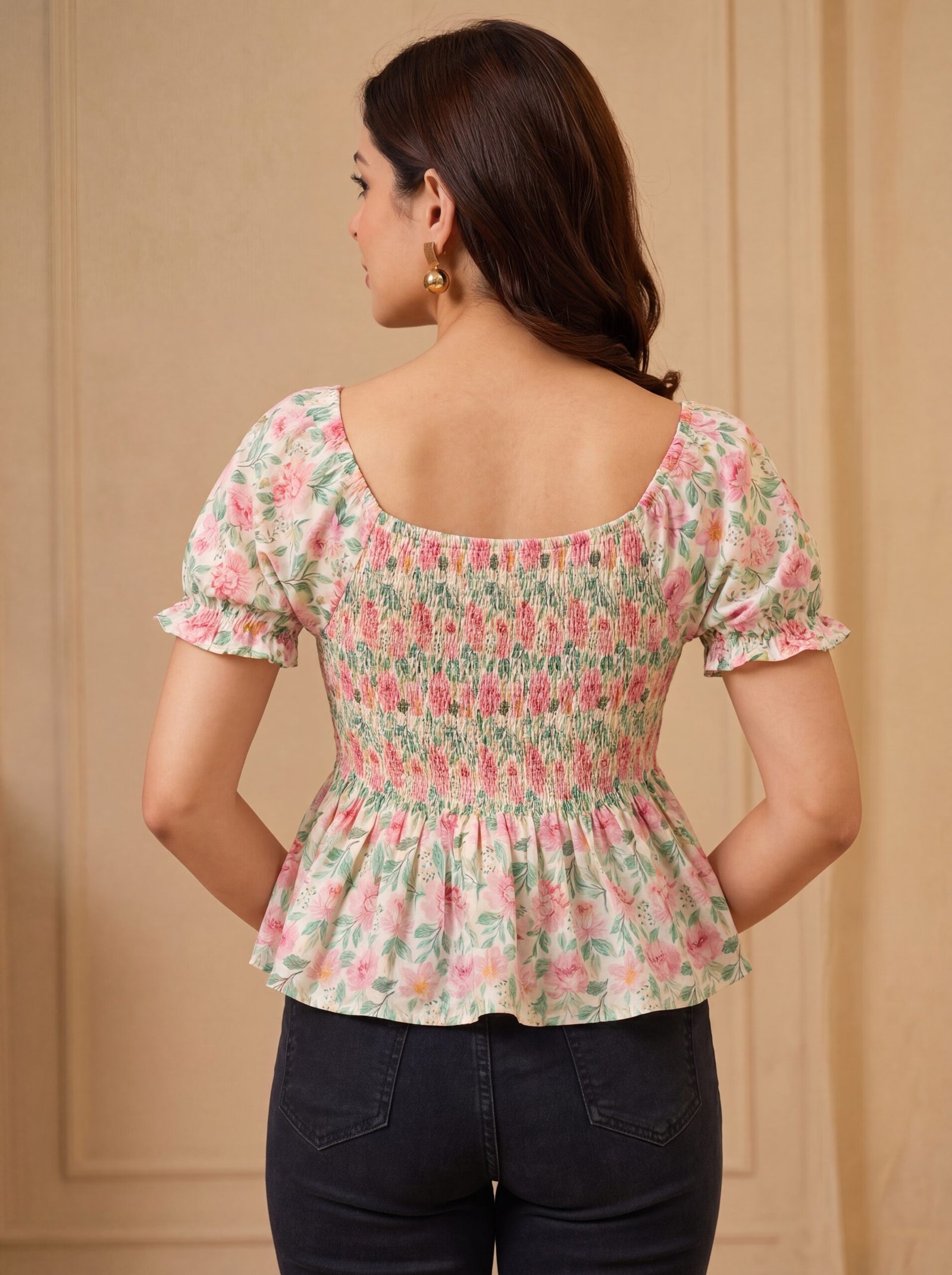 Floral Smocked Peplum Cotton Short Kurti - Image 3