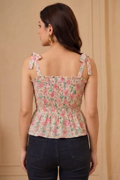 Floral Tie-Up Smocked Cotton Short Kurti