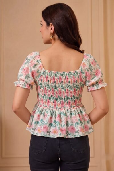 Floral Smocked Peplum Cotton Short Kurti