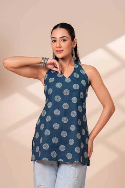 Women Navy Blue Printed Cotton Halter Neck Sleeveless Top