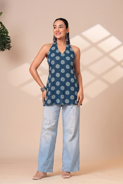 Women Navy Blue Printed Cotton Halter Neck Sleeveless Top