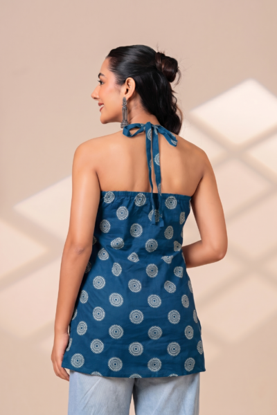 Women Navy Blue Printed Cotton Halter Neck Sleeveless Top