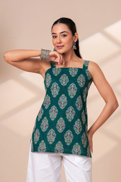 Women Green Ethnic Motif Printed Cotton Sleeveless Top