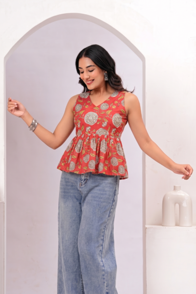 Women Coral Red Floral Printed Cotton Peplum Short Kurti