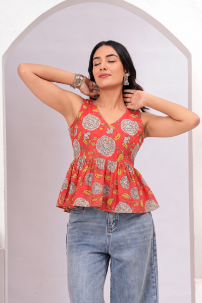 Women Coral Red Floral Printed Cotton Peplum Short Kurti