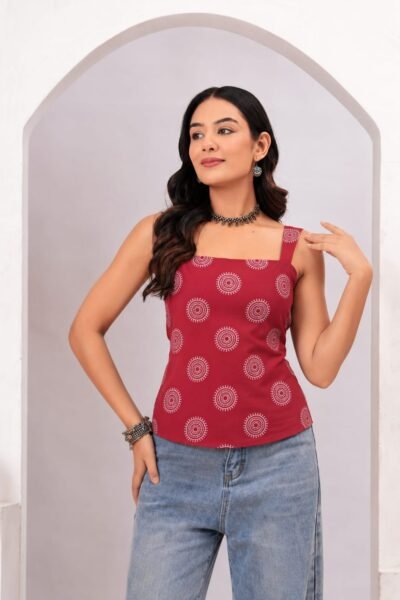 Bolbo Maroon Geometric Printed Cotton Lace-Up Top