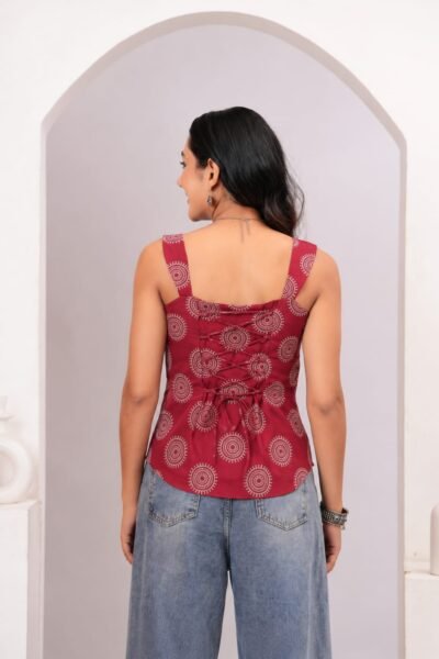 Bolbo Maroon Geometric Printed Cotton Lace-Up Top