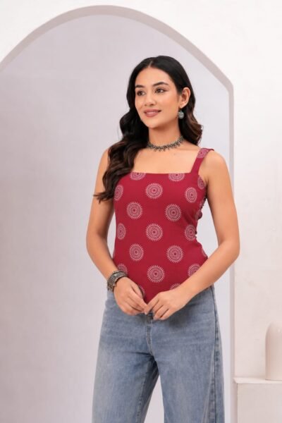 Bolbo Maroon Geometric Printed Cotton Lace-Up Top