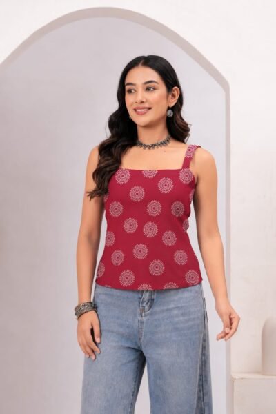 Bolbo Maroon Geometric Printed Cotton Lace-Up Top