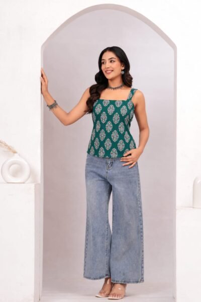 Green Ethnic Motif Printed Cotton Lace-Up Back Top