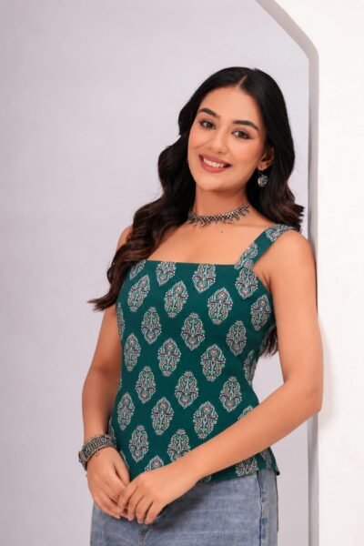 Green Ethnic Motif Printed Cotton Lace-Up Back Top
