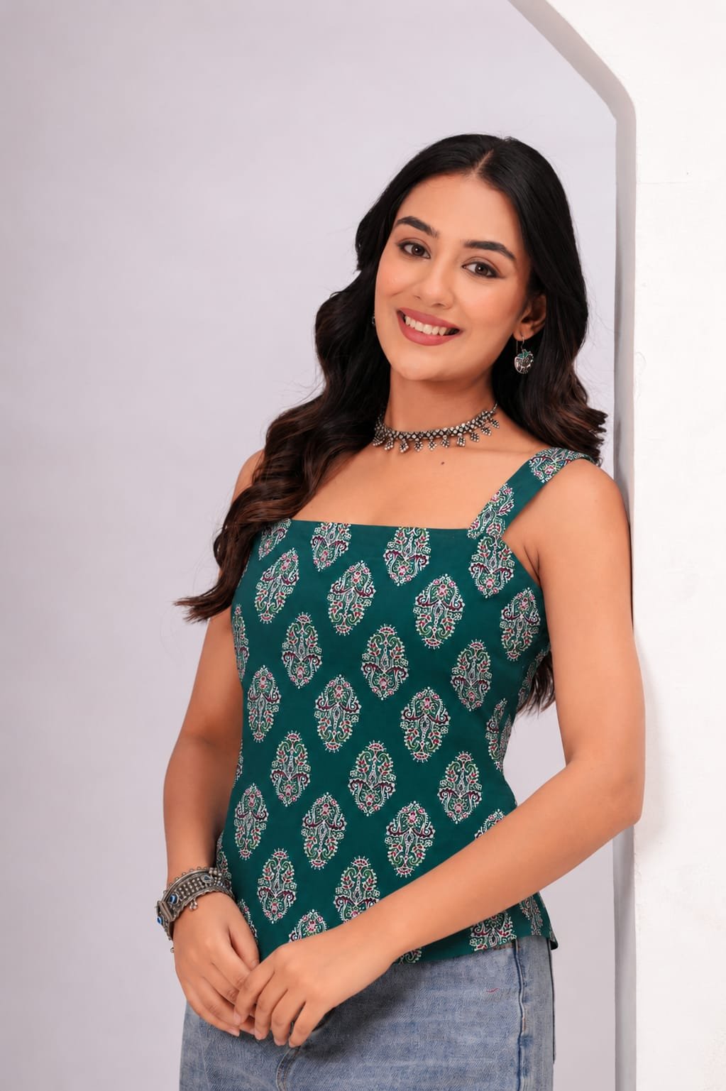 Green Ethnic Motif Printed Cotton Lace-Up Back Top - Image 2