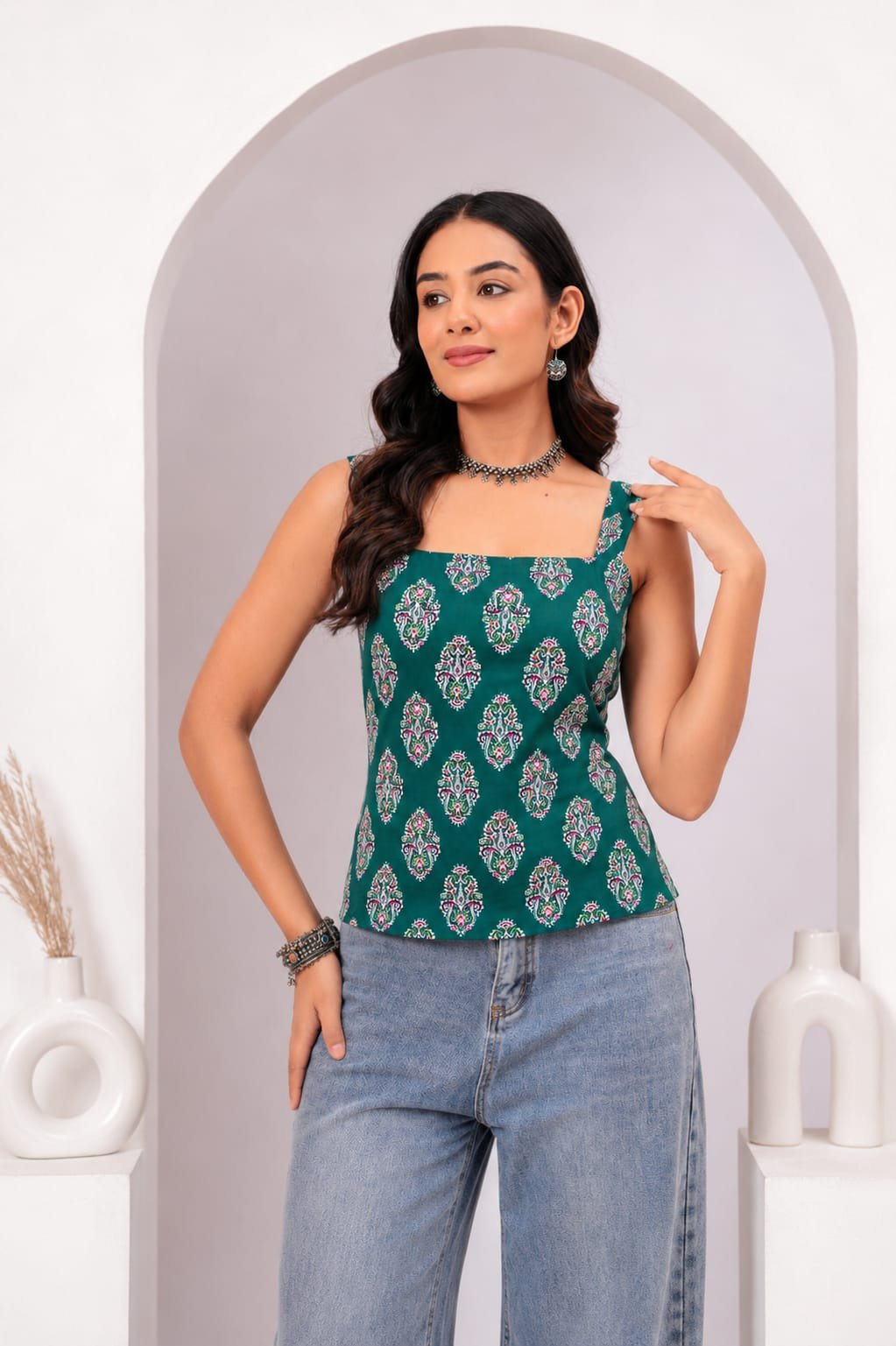 Green Ethnic Motif Printed Cotton Lace-Up Back Top