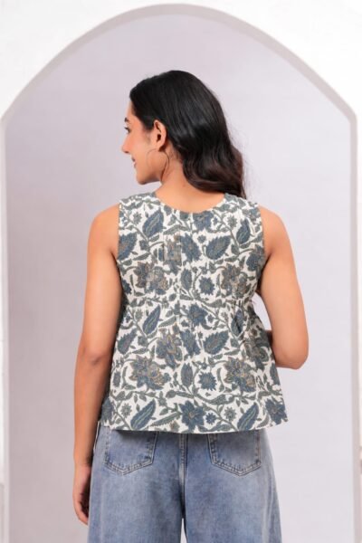 White & Gray Floral Printed Cotton Sleeveless Top