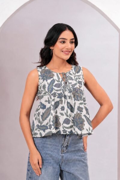 White & Gray Floral Printed Cotton Sleeveless Top