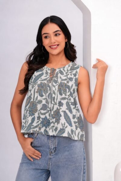 White & Gray Floral Printed Cotton Sleeveless Top
