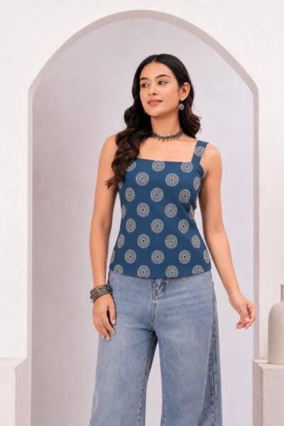 Navy Blue Ethnic Motif Printed Cotton Lace-Up Back Top