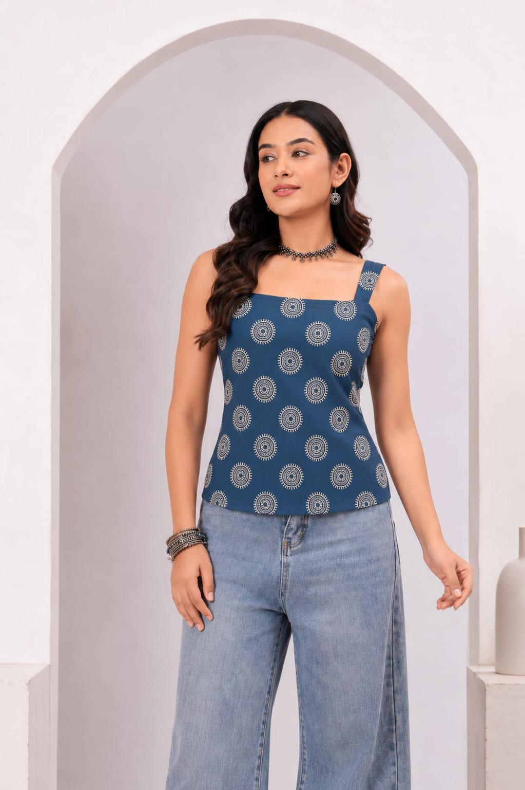 Navy Blue Ethnic Motif Printed Cotton Lace-Up Back Top