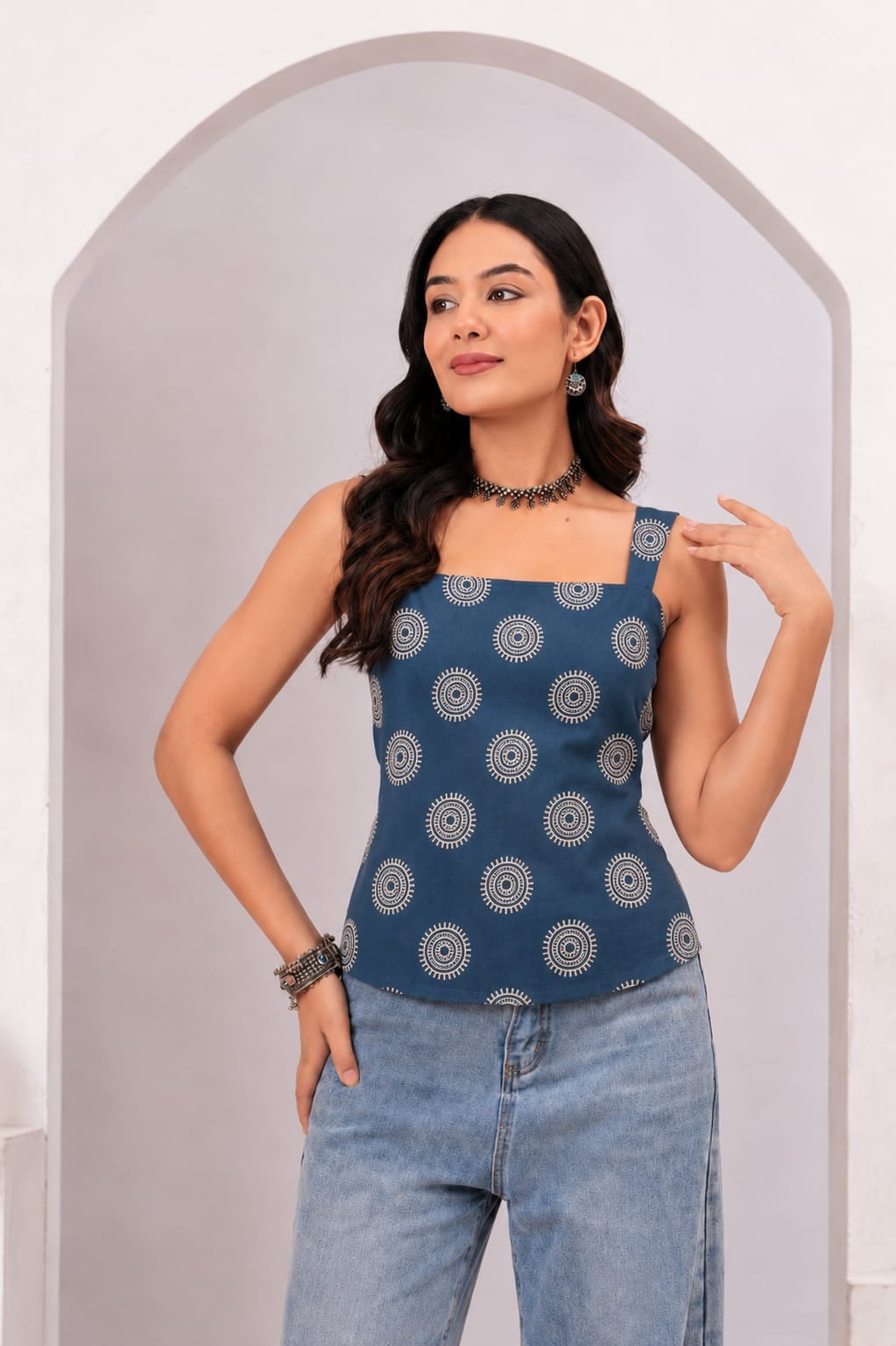 Navy Blue Ethnic Motif Printed Cotton Lace-Up Back Top - Image 2