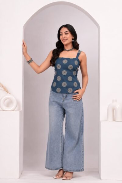 Navy Blue Ethnic Motif Printed Cotton Lace-Up Back Top